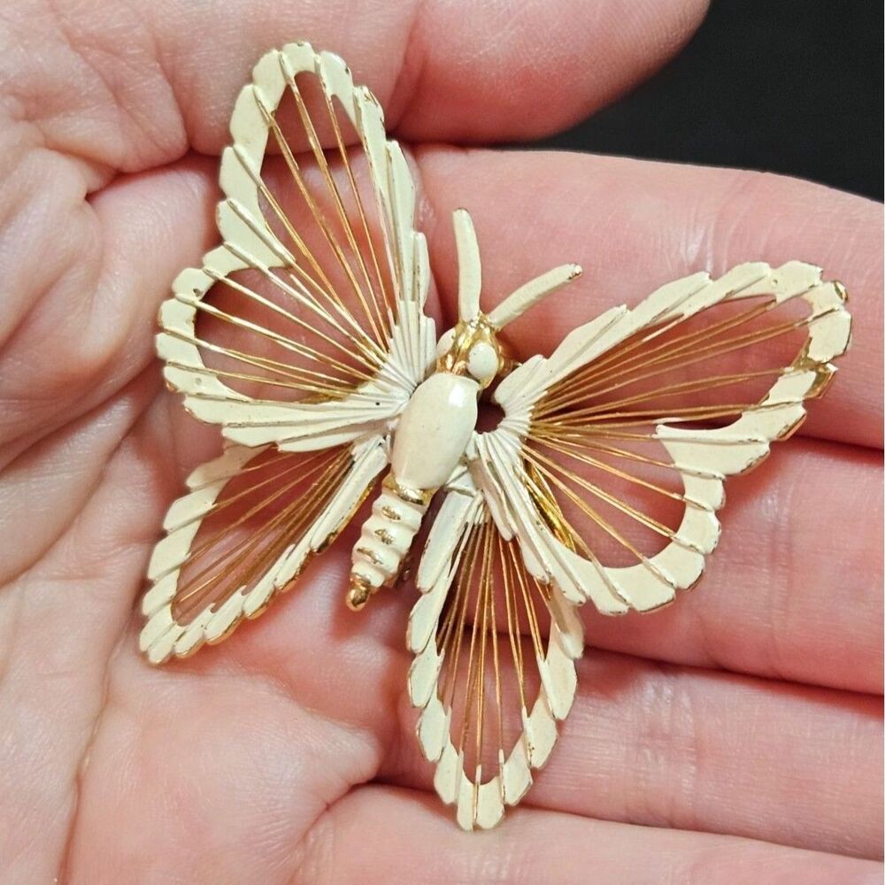 Vintage Cream Enamel Gold Tone Monet Butterfly Brooch